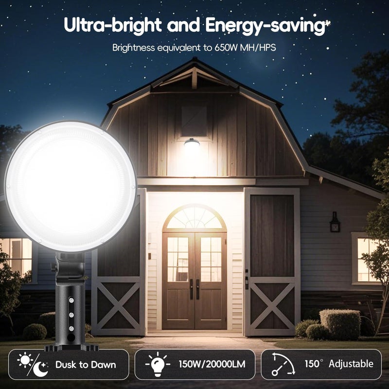 MOONTIP 150W 20000LM Dusk to Dawn Outdoor Lighting, LED Barn Lights Outdoor with 150° Adjustable Photocell Pole Light 6500K Flood Light, IP66 Waterproof Area Street Light for Garage Warehouse Yard - Image 2